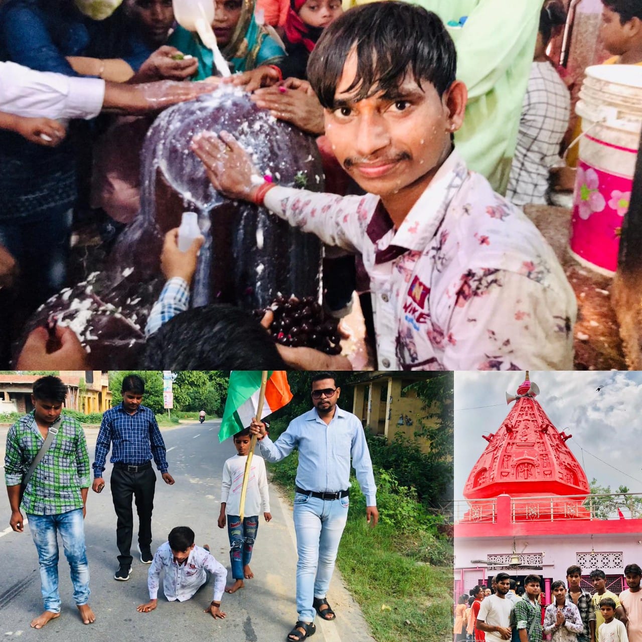 बरेली - पेट के बल चल कर 20 वर्ष का समाजसेवी मुकेश सक्सेना युवा नेता भाजपा ने गुलरिया गौरी शंकर मंदिर में किया जल अभिषेक।