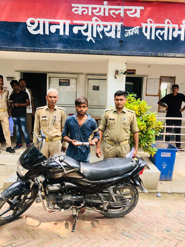 पीलीभीत : चोरी की मोटरसाइकिल व 01 अवैध तमन्चा मय 02 जिन्दा कारतूस सहित चोर गिरफ्तार ।