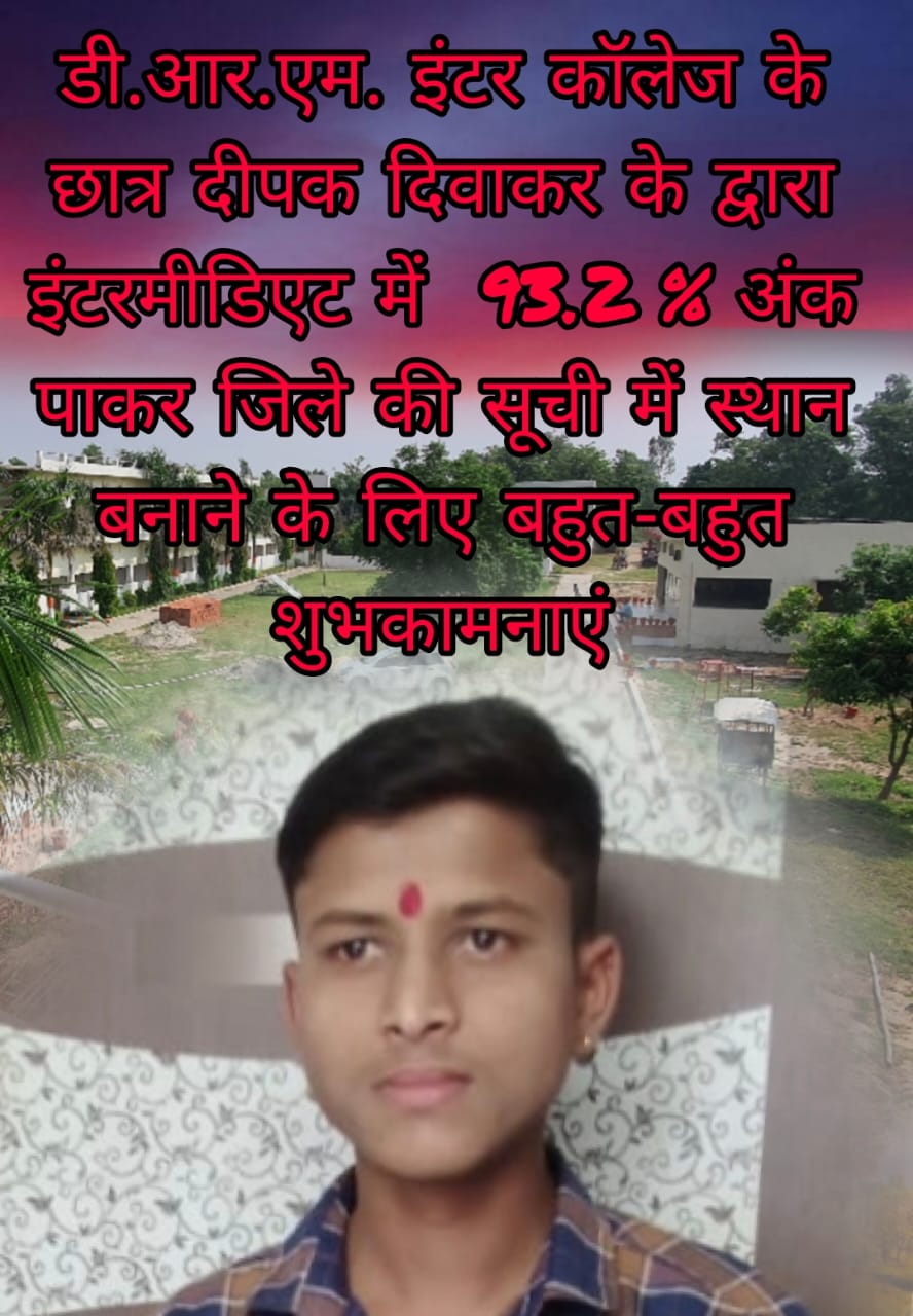 बरेली - डी. आर.एम.इण्टर कॉलेज के छात्र दीपक दिवाकर ने उत्तर प्रदेश माध्यमिक शिक्षा परिषद की इंटरमीडिएट 2023 परीक्षा में जिले में छठा स्थान प्राप्त कर किया नाम रोशन।