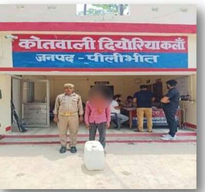 पीलीभीत : थाना दियोरिया पुलिस द्वारा अभियुक्त को एक प्लास्टिक की पिपरिया में 40 लीटर कच्ची शराब के साथ किया गया गिरफ्तार ।