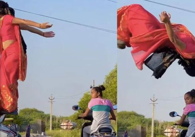 साड़ी पहनी लड़की ने स्कूटी पर दिखाया ऐसा खतरनाक स्टंट, वीडियो देख थम जाएंगी सांसे