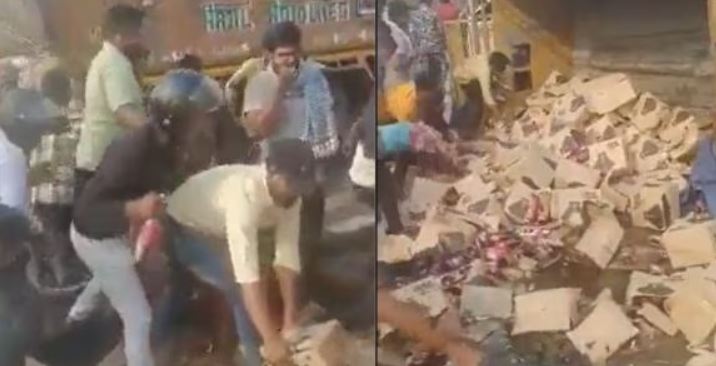 बीयर ले जा रहा ट्रक पलटा तो लोगों की हो गई बल्ले-बल्ले