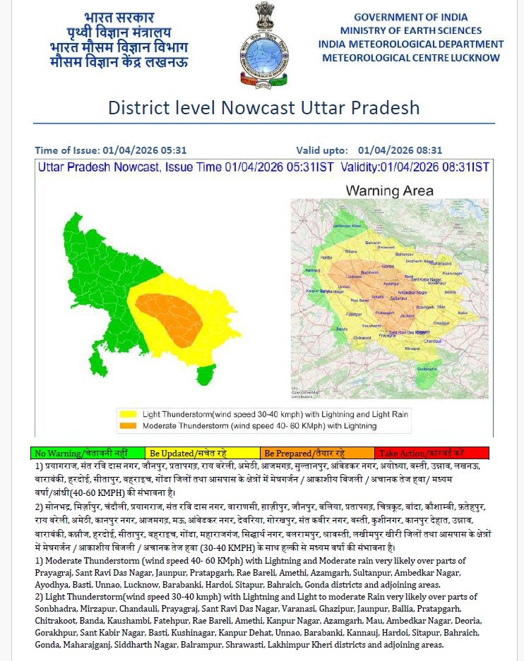 प्रयागराज: कुछ स्थानों पर बिजली और मध्यम बारिश के साथ मध्यम तूफान (हवा 40- 60 किमी प्रति घंटे) की संभावना