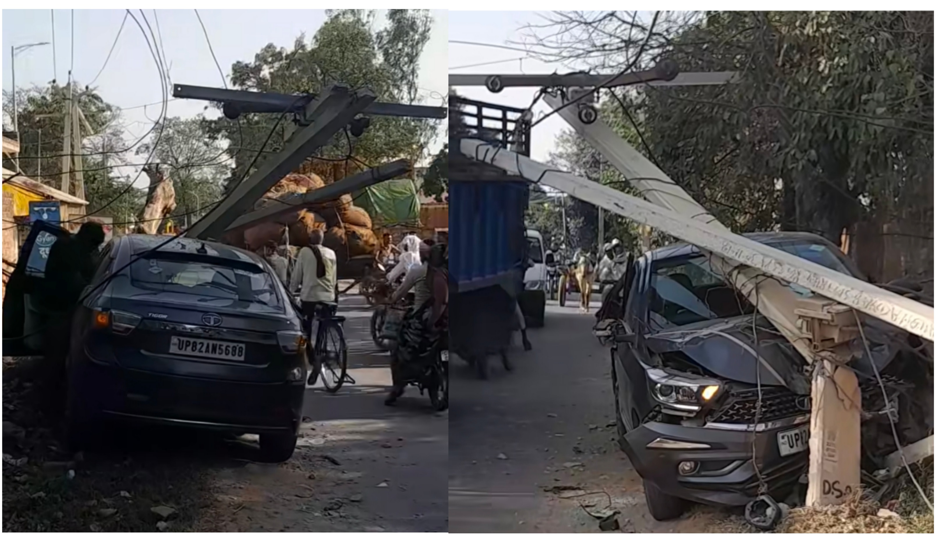 फर्रुखाबाद: ट्रैक्टर को बचाने में कार बिजली के पोल से टकराई, बड़ा हादसा टला— एयरबैग खुलने से सभी सुरक्षित
