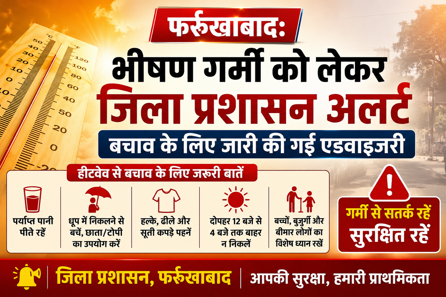 फर्रुखाबाद:भीषण गर्मी को लेकर जिला प्रशासन अलर्ट, बचाव के लिए जारी की गई एडवाइजरी