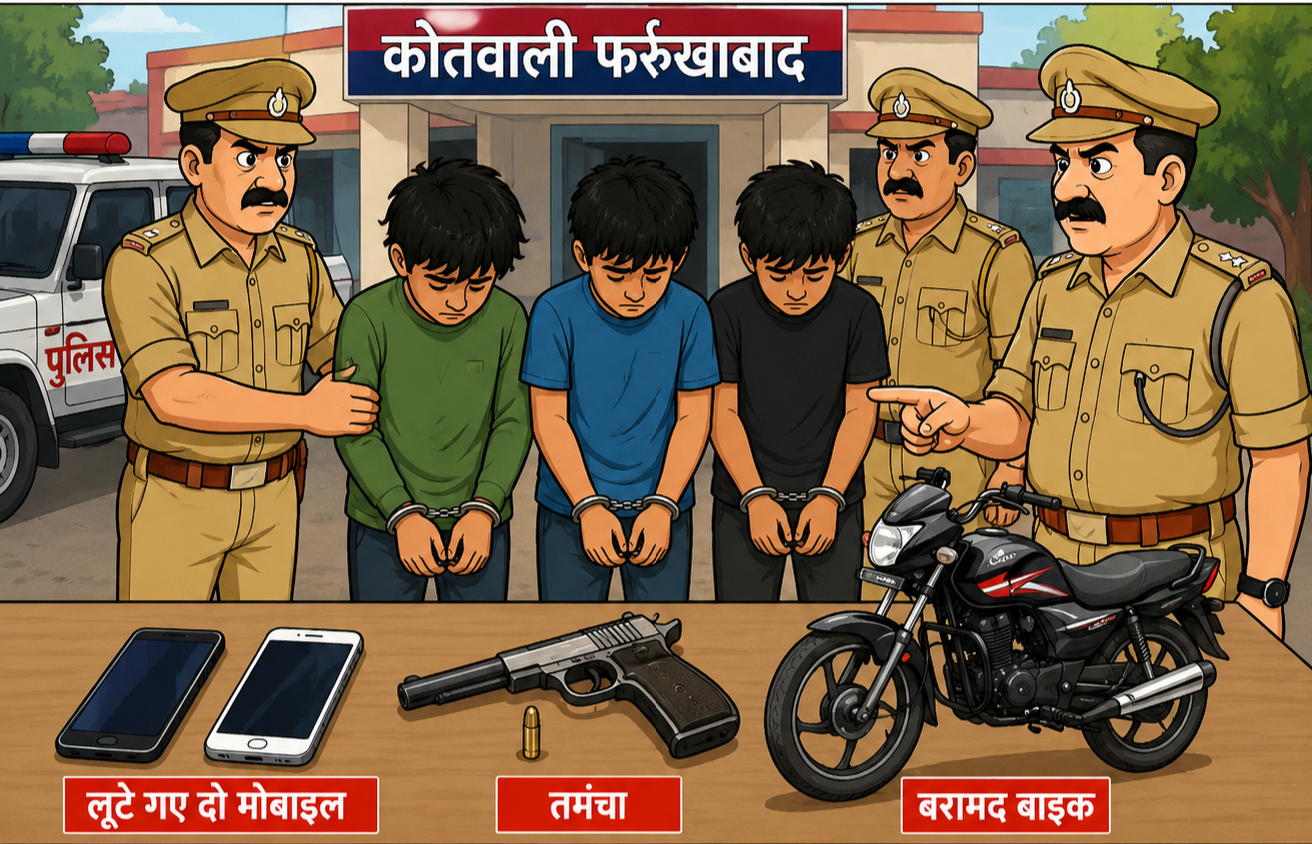 फर्रुखाबाद:कादरीगेट पुलिस व सर्विलांस टीम की बड़ी सफलता, तीन बाल अपचारी गिरफ्तार; लूटे गए दो मोबाइल, तमंचा व बाइक बरामद