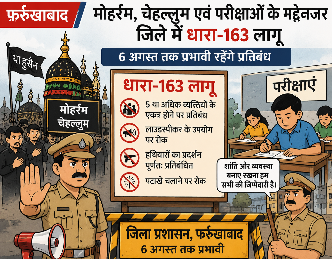 फर्रुखाबाद:मोहर्रम, चेहल्लुम एवं परीक्षाओं के मद्देनजर जिले में धारा-163 लागू, 6 अगस्त तक प्रभावी रहेंगे प्रतिबंध