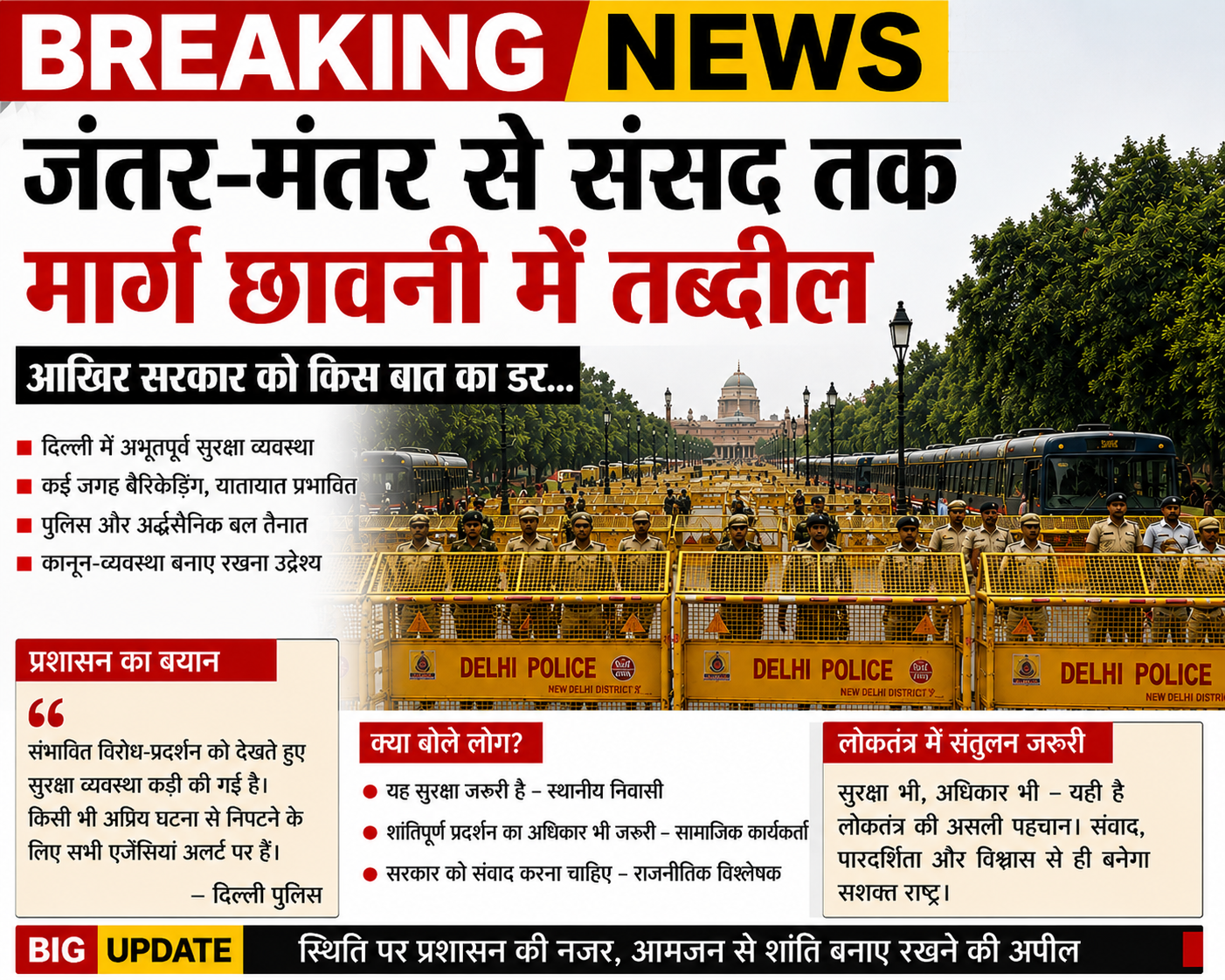 नई दिल्ली:- जंतर-मंतर से संसद तक सुरक्षा के कड़े इंतज़ाम, कई मार्गों पर बैरिकेडिंग