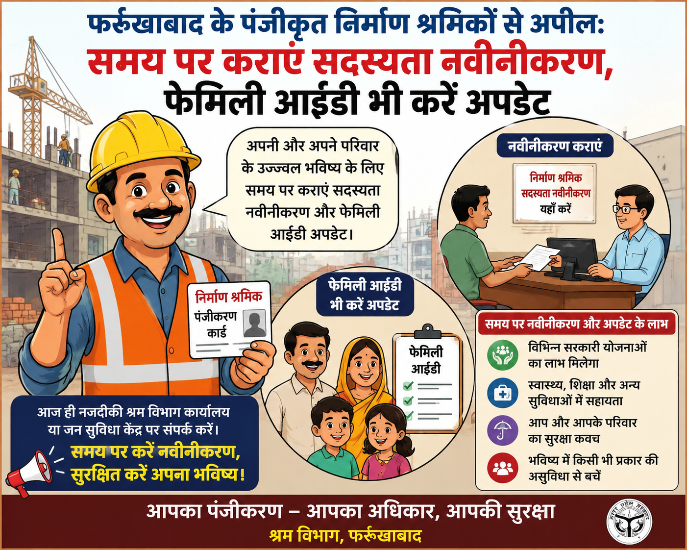 फर्रुखाबाद: के पंजीकृत निर्माण श्रमिकों से अपील: समय पर कराएं सदस्यता नवीनीकरण, फेमिली आईडी भी करें अपडेट