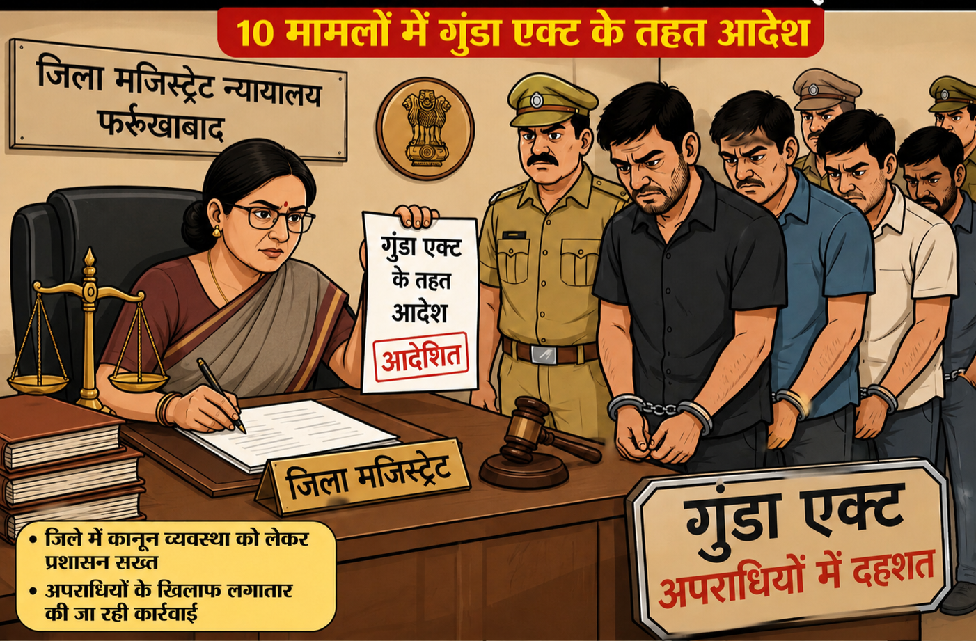 फर्रुखाबाद:जिला मजिस्ट्रेट न्यायालय की अपराधियों पर सख्त कार्रवाई, 10 मामलों में गुंडा एक्ट के तहत आदेश