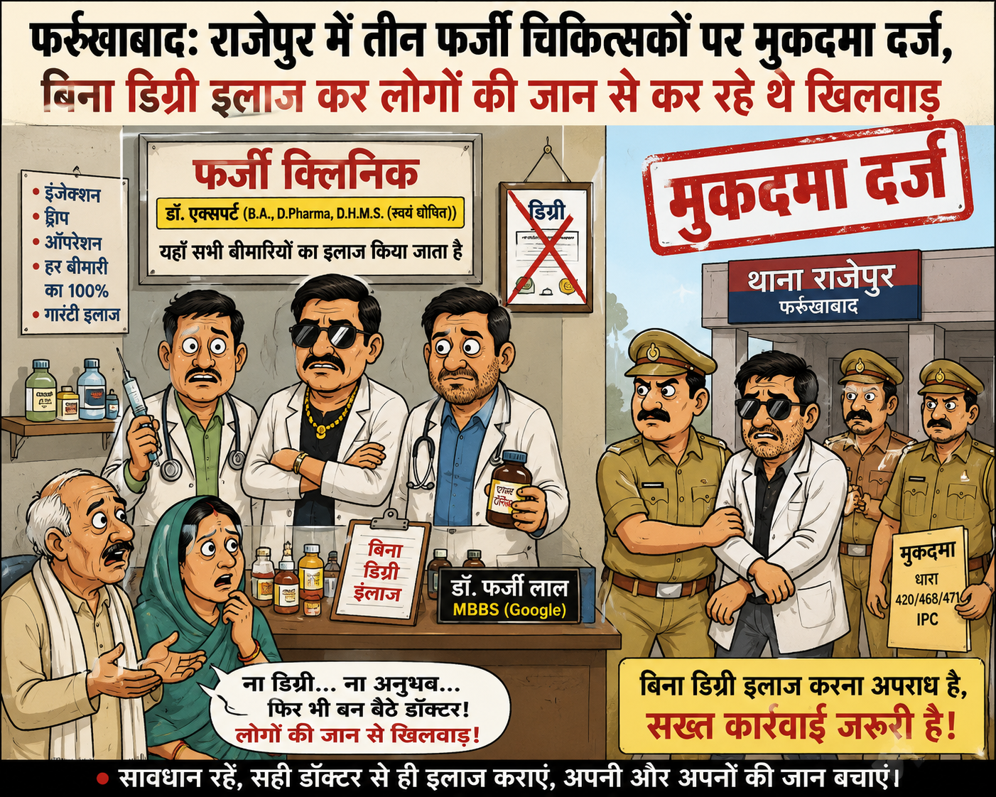 फर्रुखाबाद: राजेपुर में तीन फर्जी चिकित्सकों पर मुकदमा दर्ज, बिना डिग्री इलाज कर लोगों की जान से कर रहे थे खिलवाड़