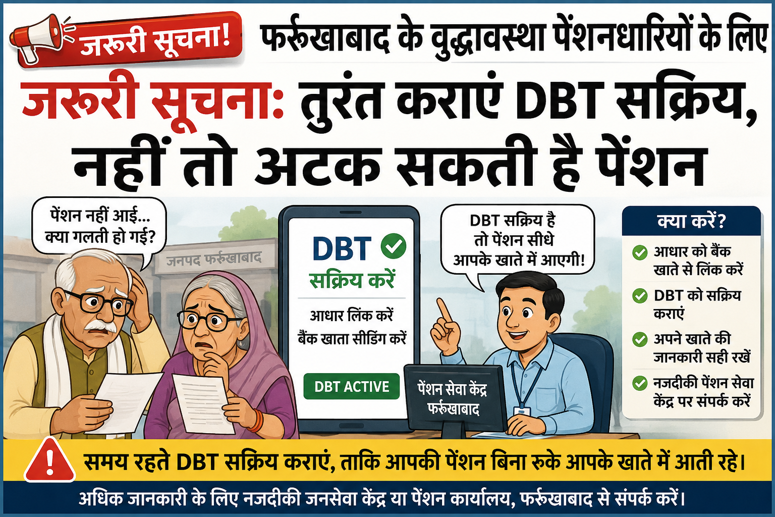 फर्रुखाबाद के वृद्धावस्था पेंशनधारियों के लिए जरूरी सूचना: तुरंत कराएं DBT सक्रिय, नहीं तो अटक सकती है पेंशन