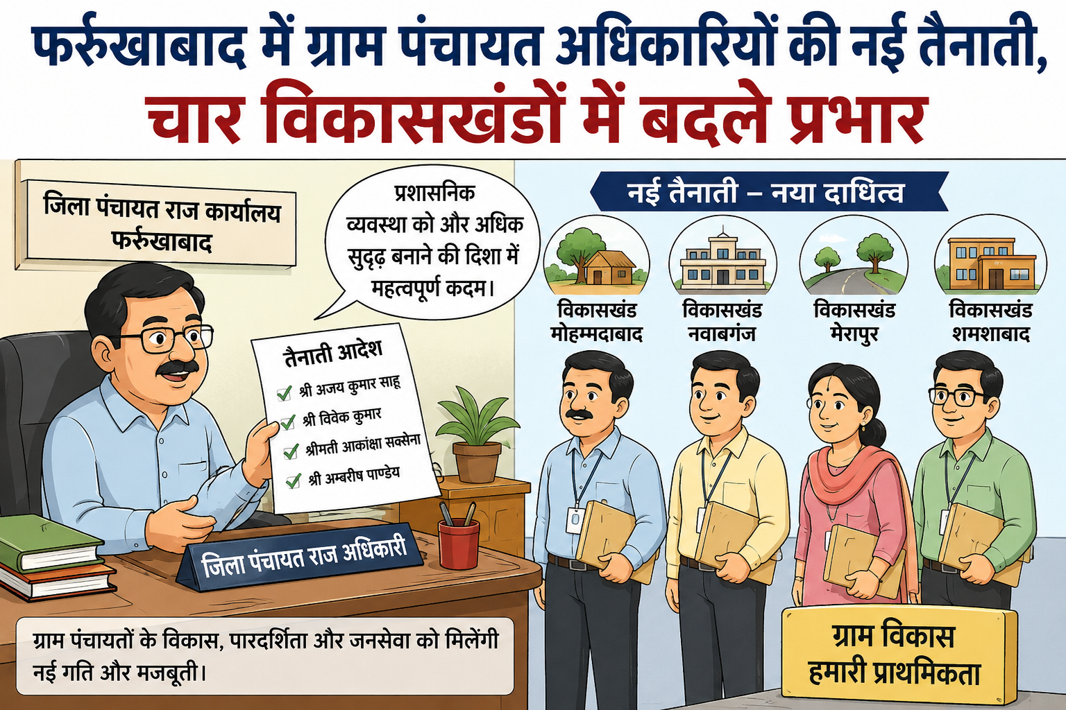 फर्रुखाबाद में ग्राम पंचायत अधिकारियों की नई तैनाती, चार विकासखंडों में बदले प्रभार