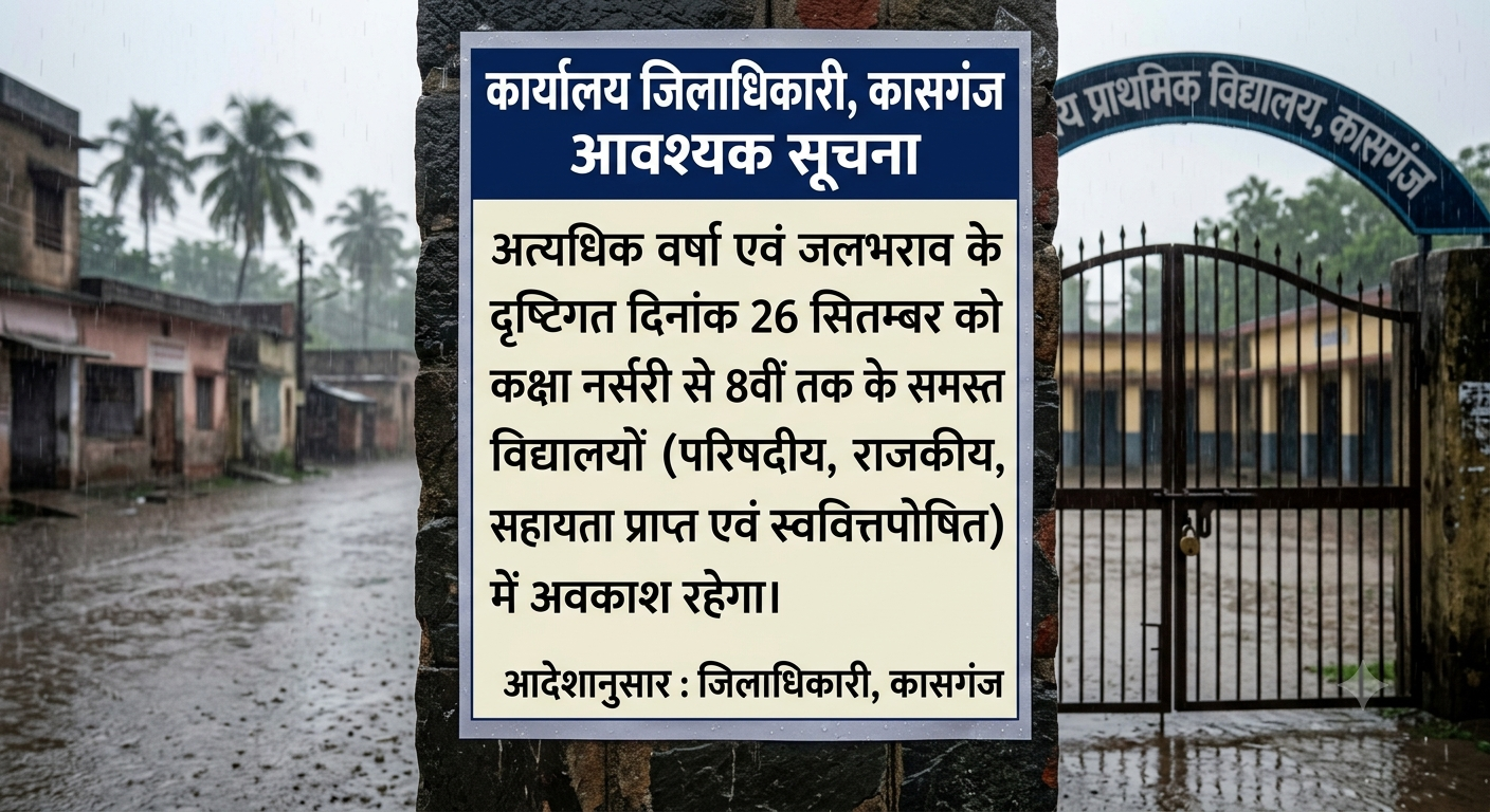 कासगंज :बरसात के मौसम को ध्यान मे रखते हुए 26सितम्बर का अवकाश घोषित 