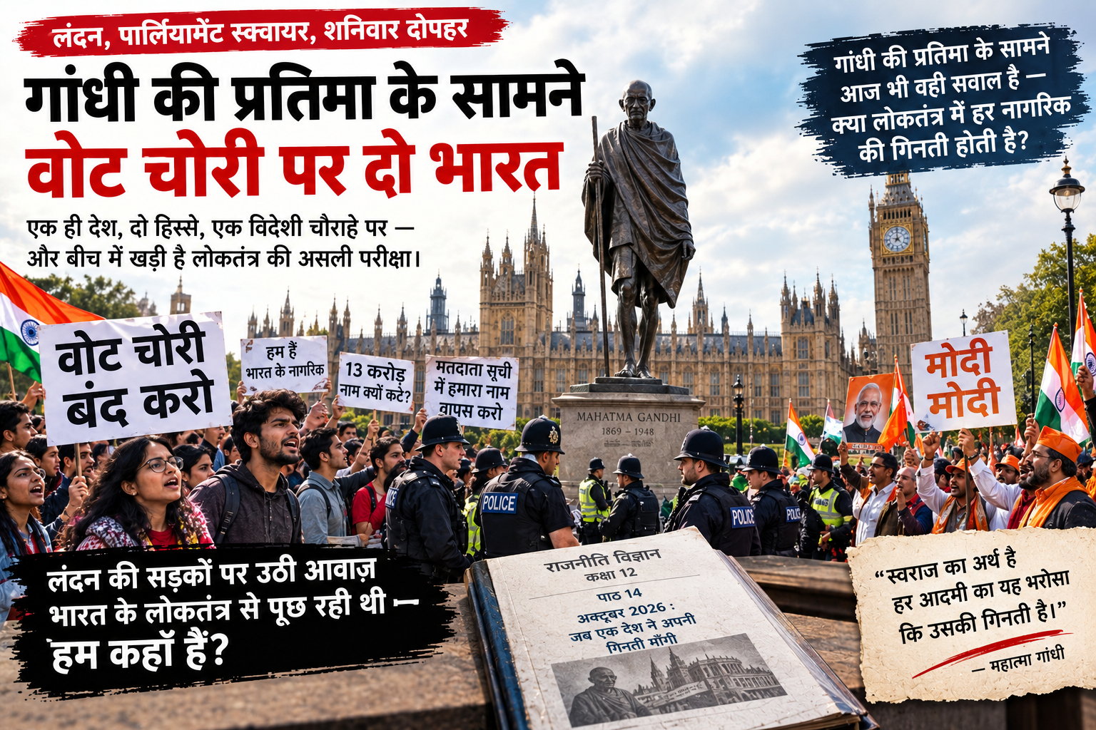 लंदन में लोकतंत्र की आवाज़, दिल्ली में बंद रास्ते: गांधी की प्रतिमा के सामने भारत का सवाल
